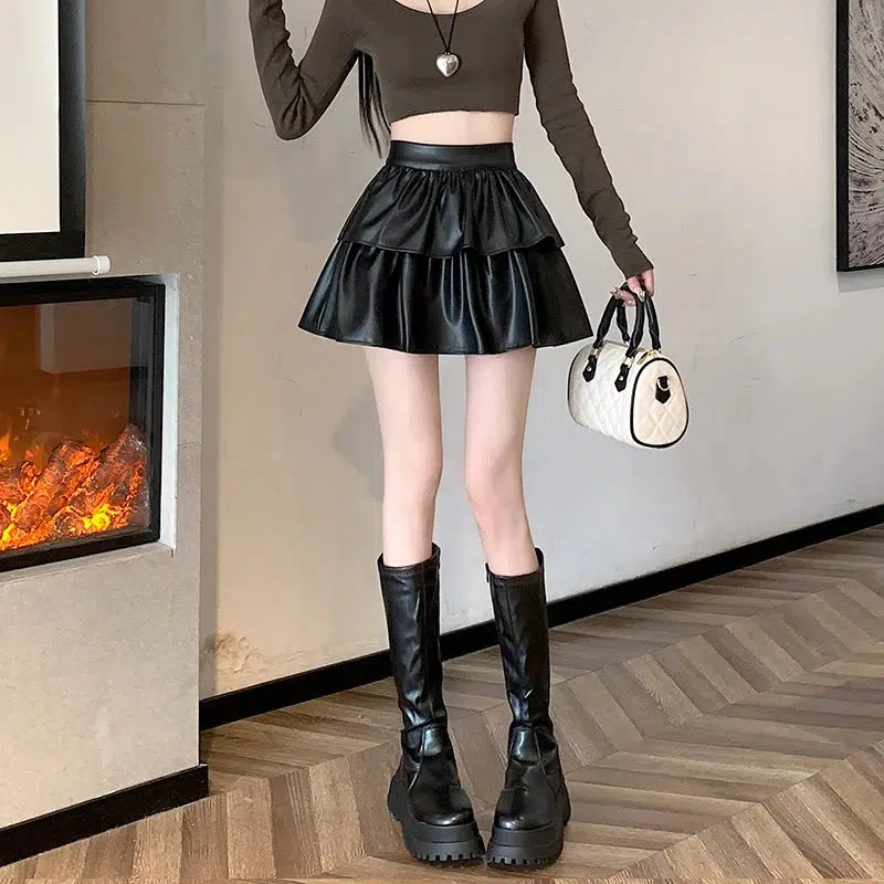 Chic Faux Leather A-Line Mini Skirt for Y2K Fashion & Grunge Aesthetic Outfits