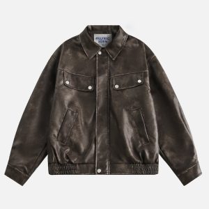 Chic Fold-Over Faux Leather Jacket for Y2K Fashion and Grunge Aesthetic Outfits