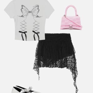 Chic Irregular Lace Patchwork Skirt for Y2K Fashion and Coquette Aesthetic Outfits