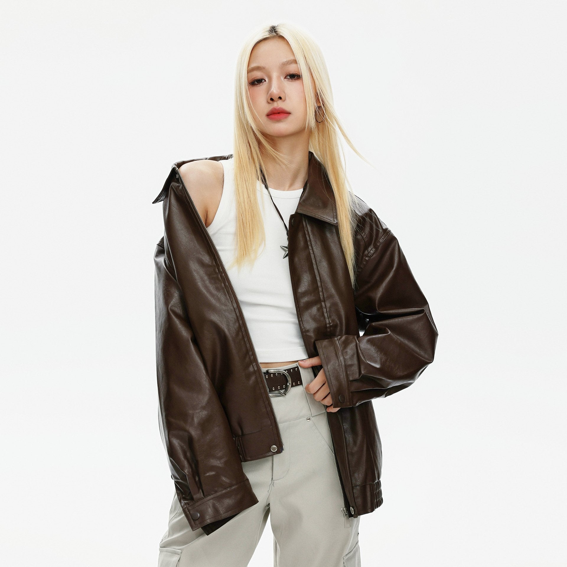 Chic Loose Solid Color Leather Jacket for Y2K Aesthetic and Grunge Style Outfits