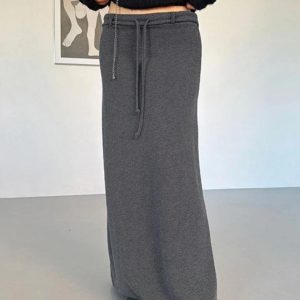 Chic Low Rise Drawstring Knit Maxi Skirt for Y2K Fashion and Coquette Aesthetic Styles