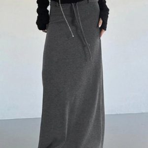 Chic Low Rise Drawstring Knit Maxi Skirt for Y2K Fashion and Coquette Aesthetic Styles