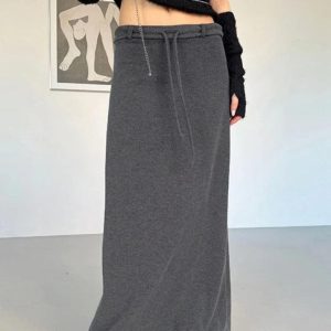 Chic Low Rise Drawstring Knit Maxi Skirt for Y2K Fashion and Coquette Aesthetic Styles