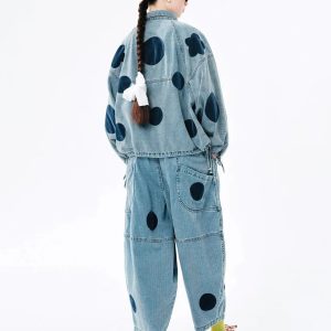 Chic Polka Dot Button-Up Denim Jacket for Y2K Aesthetic and Coquette Style Outfits