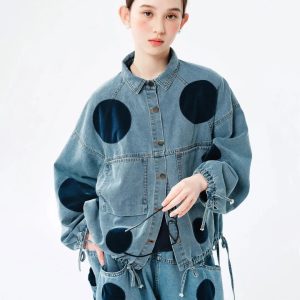 Chic Polka Dot Button-Up Denim Jacket for Y2K Aesthetic and Coquette Style Outfits