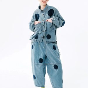 Chic Polka Dot Button-Up Denim Jacket for Y2K Aesthetic and Coquette Style Outfits