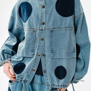 Chic Polka Dot Button-Up Denim Jacket for Y2K Aesthetic and Coquette Style Outfits