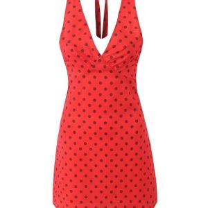 Chic Polka Dot Halter V-Neck Dress for Y2K Fashion Lovers and Coquette Aesthetic Enthusiasts