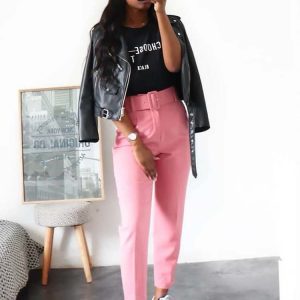 Chic Solid Color Belted Pencil Pants for Effortless Y2K Style and Aesthetic Outfits