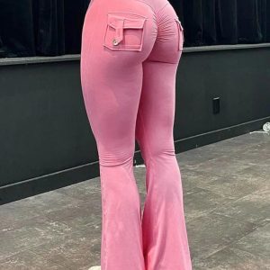 Chic Solid Color Pocket Flare Leg Pants for Effortless Y2K Aesthetic Outfits