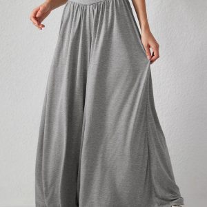 Chic Solid Jersey High Waist Ruffle Wide Leg Pants for Y2K Aesthetic Outfits