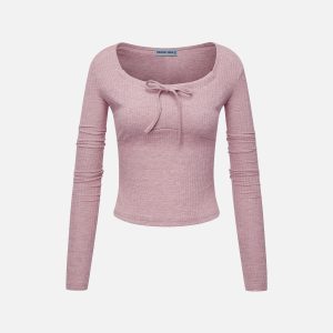 Chic Solid Ribbon Long Sleeve Top - Y2K Aesthetic Cute Crop for Stylish Outfits