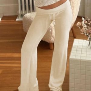 Chic Solid Turned Waist Tie-Up Flare Leg Pants for Y2K Aesthetic Outfits