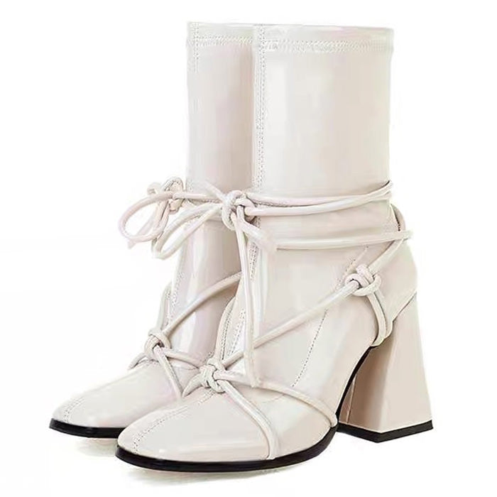 Chic Square Heel Lace-Up Ankle Boots for Y2K Fashion and Grunge Aesthetic Outfits