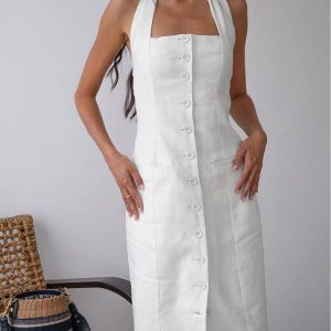 Chic Tied Halter Open Back Cotton Linen Midi Dress for Effortless Y2K Aesthetic Style