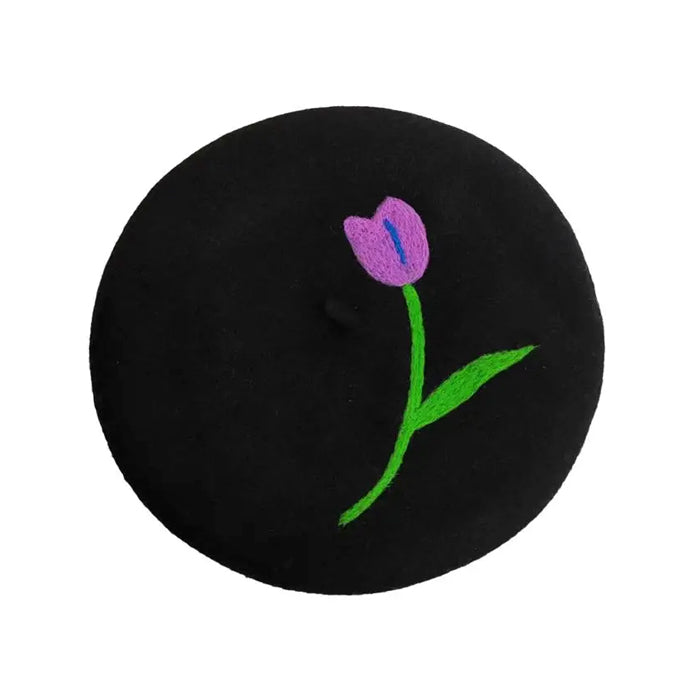 Chic Tulip Embroidery Wool Beret for Y2K Fashion Lovers and Coquette Aesthetic Enthusiasts