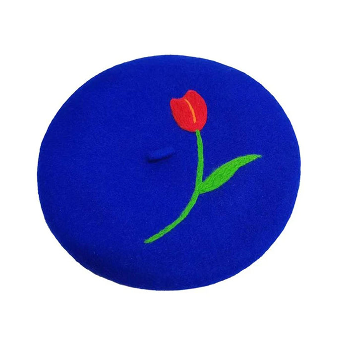 Chic Tulip Embroidery Wool Beret for Y2K Fashion Lovers and Coquette Aesthetic Enthusiasts