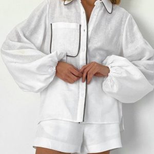 Chic Y2K Button-Up White Top & Shorts Set for Effortless Coquette Aesthetic Style