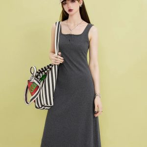 Chic Y2K Casual Button-Up Midi Dress for Effortless Coquette Aesthetic Style