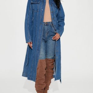 Chic Y2K Denim Coat with Belt for Trendy Aesthetic Outfits and Stylish Layering