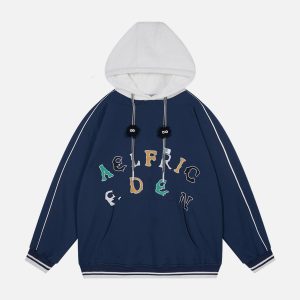 Color Block Applique Embroidery Hoodie - Y2K Aesthetic Comfy Top for Trendy Outfits