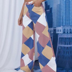 Color Block Argyle Print Wide Leg Jeans - Y2K Aesthetic Grunge Style for Trendy Outfits