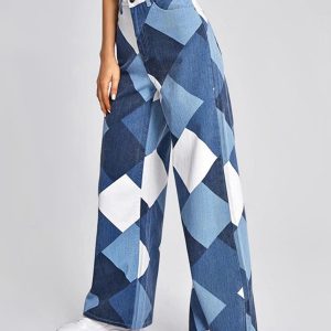 Color Block Argyle Print Wide Leg Jeans - Y2K Aesthetic Grunge Style for Trendy Outfits