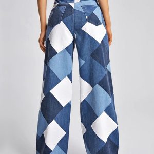 Color Block Argyle Print Wide Leg Jeans - Y2K Aesthetic Grunge Style for Trendy Outfits