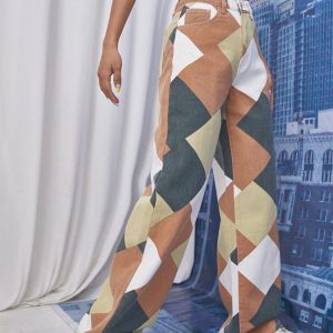 Color Block Argyle Print Wide Leg Jeans - Y2K Aesthetic Grunge Style for Trendy Outfits