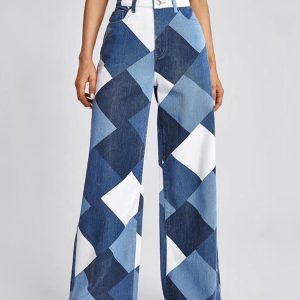 Color Block Argyle Print Wide Leg Jeans - Y2K Aesthetic Grunge Style for Trendy Outfits