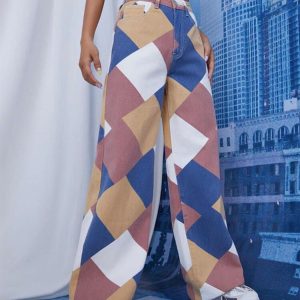 Color Block Argyle Print Wide Leg Jeans - Y2K Aesthetic Grunge Style for Trendy Outfits