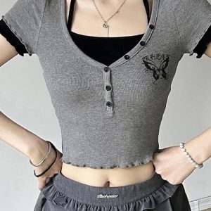 Color-Block Butterfly Embroidered Top - Y2K Aesthetic Cute Crop Top for Stylish Outfits