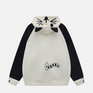 Color Blocked Cat Hoodie - Y2K Aesthetic Cute Top for Cozy and Stylish Outfits