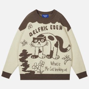 Color Blocked Cat Sweater - Y2K Aesthetic Cute Top for Cozy Fall Fashion