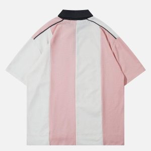 Color Blocked Patchwork Polo Tee - Y2K Aesthetic Top for Trendy Outfits