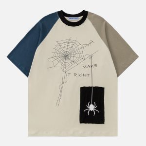 Color Blocked Spider Tee - Y2K Aesthetic Graphic Top for Grunge and Coquette Styles