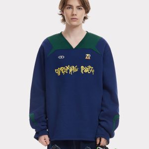 Color Blocked V-Neck Sweatshirt - Y2K Aesthetic Comfy Top for Trendy Outfits