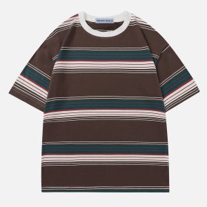 Color Blocking Stripe Tee - Y2K Aesthetic Top for Trendy Coquette and Grunge Styles