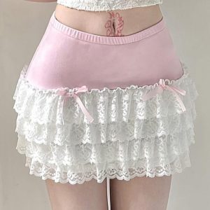 Color Clash Bow Lace Patchwork Skirt - Y2K Aesthetic Grunge Style Fashion Statement