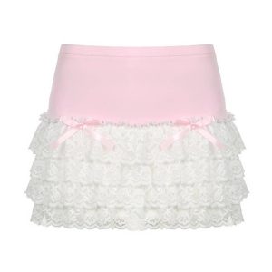 Color Clash Bow Lace Patchwork Skirt - Y2K Aesthetic Grunge Style Fashion Statement