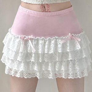 Color Clash Bow Lace Patchwork Skirt - Y2K Aesthetic Grunge Style Fashion Statement