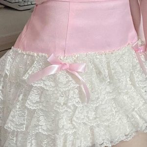 Color Clash Bow Lace Patchwork Skirt - Y2K Aesthetic Grunge Style Fashion Statement