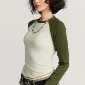 Color Contrast Long Sleeve T-Shirt - Y2K Aesthetic Cute Top for Stylish Outfits