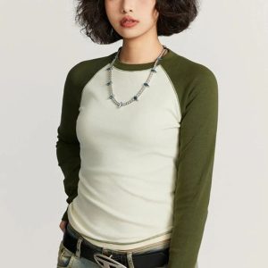 Color Contrast Long Sleeve T-Shirt - Y2K Aesthetic Cute Top for Stylish Outfits