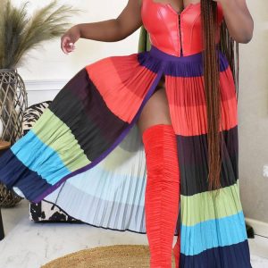 Colorblock Pleated Maxi Skirt - Y2K Aesthetic Fashion for Trendy Outfits