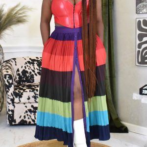 Colorblock Pleated Maxi Skirt - Y2K Aesthetic Fashion for Trendy Outfits