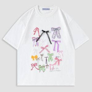 Colorful Bow Tee - Y2K Aesthetic Cute Top for Coquette and Grunge Style Outfits