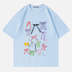 Colorful Bow Tee - Y2K Aesthetic Cute Top for Coquette and Grunge Style Outfits