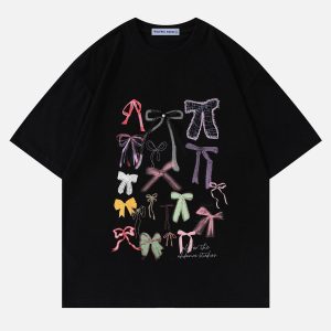 Colorful Bow Tee - Y2K Aesthetic Cute Top for Coquette and Grunge Style Outfits