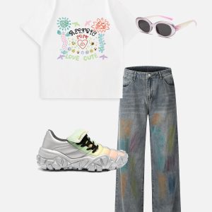 Colorful Cartoon Print Tee - Y2K Aesthetic Cute Top for Trendy Outfits and Fun Styles